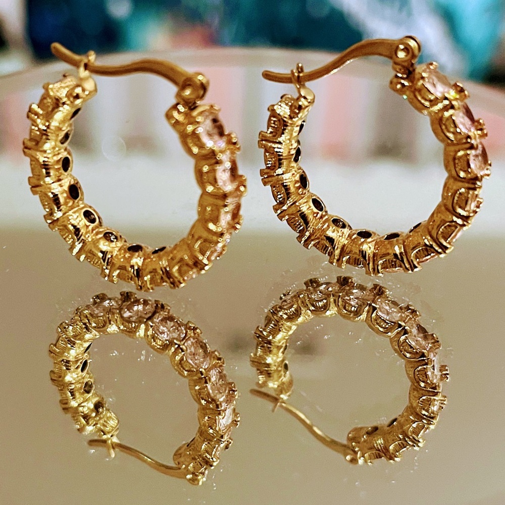 Vermeil Gold with Pink Stones Hoop Earrings - Picture 2 of 3